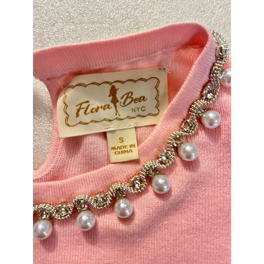 Flora Bea Pink Short-Sleeve Sweater With Pearl & Rhinestone Neckline Small - Picture 5 of 5